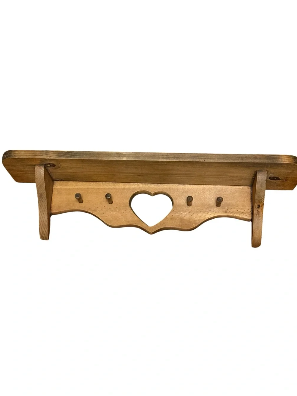 Vintage Rustic Wooden Wall Shelf With A Prominent Heart-Shape Cutout 4 Peg Hooks
